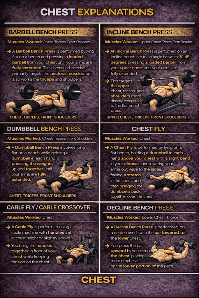 Step-by-step infographic explaining chest exercises and the muscles they target.