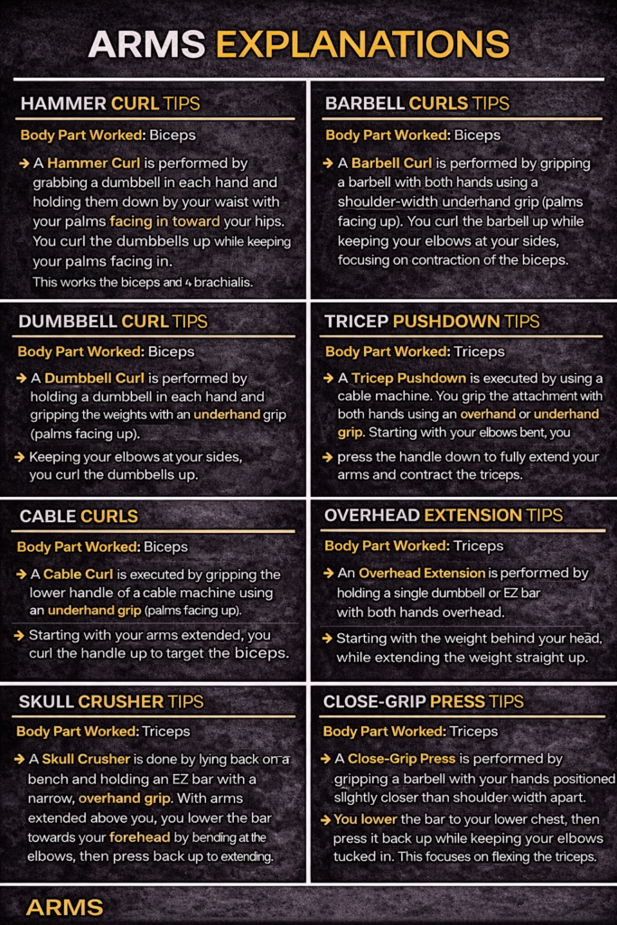 Step-by-step infographic explaining Arms exercises and the muscles they target.