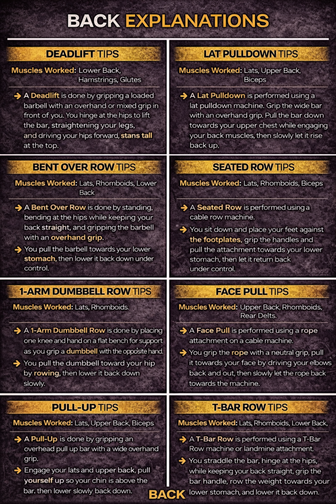 Step-by-step infographic explaining Back exercises and the muscles they target.