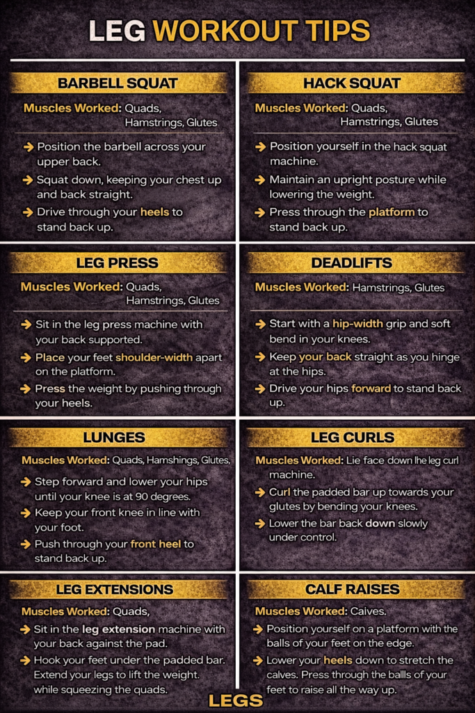 This infographic explains the main leg exercises tips and how to perform each movement correctly. It breaks down the purpose of each exercise, the muscles worked, and the correct setup in a simple, easy-to-follow format. Designed for beginners and gym users looking to improve technique, build muscle, and train with confidence.