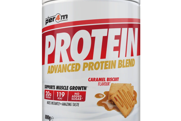 Per4m Advanced Protein Blend with sweeteners is A multi-source protein powder combining whey, milk, micellar casein and egg white protein to provide approximately 20g of protein per serving